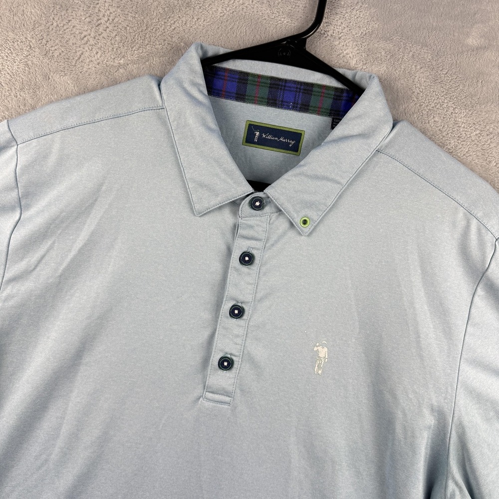 William Murray Polo Shirt Mens Large Blue Plaid Collar Golf Performance Stretch